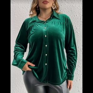 Shein Velvet Button-Front Blouse - Emerald Green Gold Buttons Sz 1XL